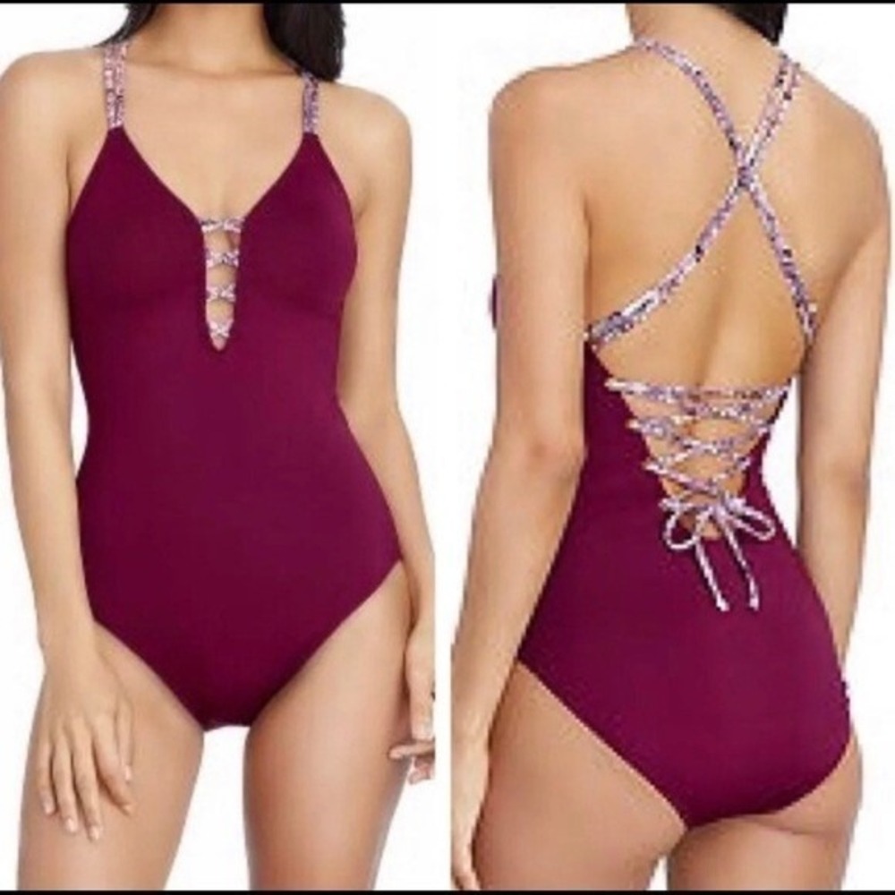 Wom Lg AMBRIELLE SWIMWEAR Maroon Plum Purple Strappy Lace Up‎ One Piece Swimsuit